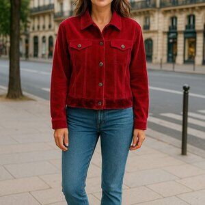 J Jill Womens Large Tall Red Corduroy Velvet Button Front Pockets Jacket Size LT